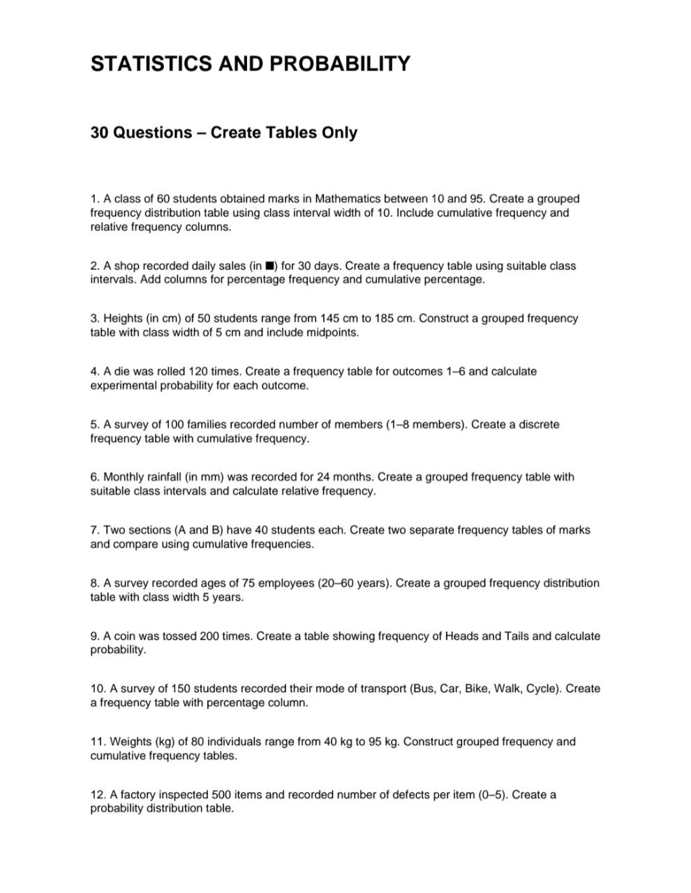 Statistics Table. Question Solved STATISTICS AND PROBABILITY30 Questions - Create | Chegg.com