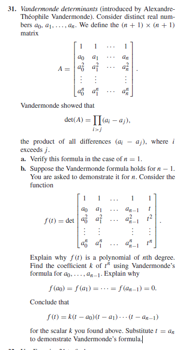 Solved 31. Vandermonde determinants (introduced by | Chegg.com