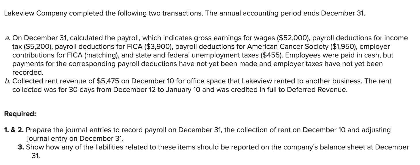 Solved Lakeview Company completed the following two | Chegg.com
