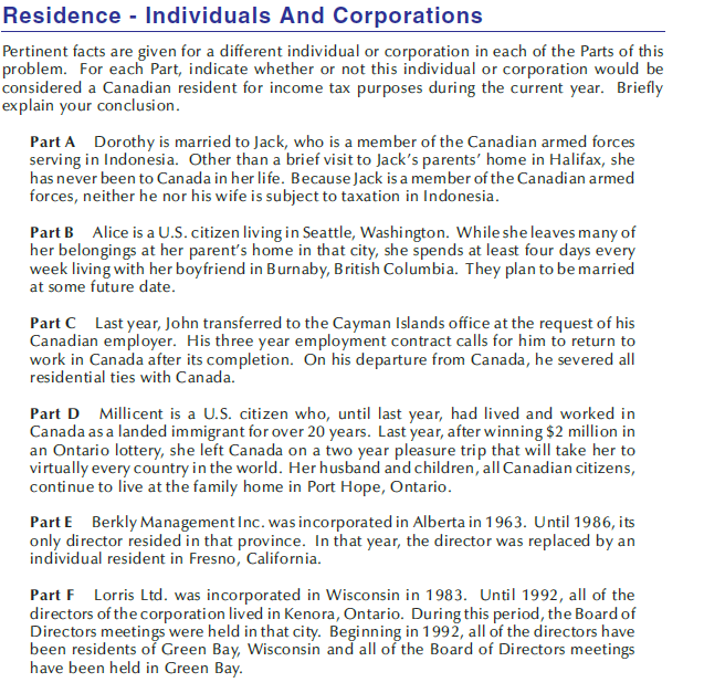 Solved Residence - Individuals And Corporations Pertinent 