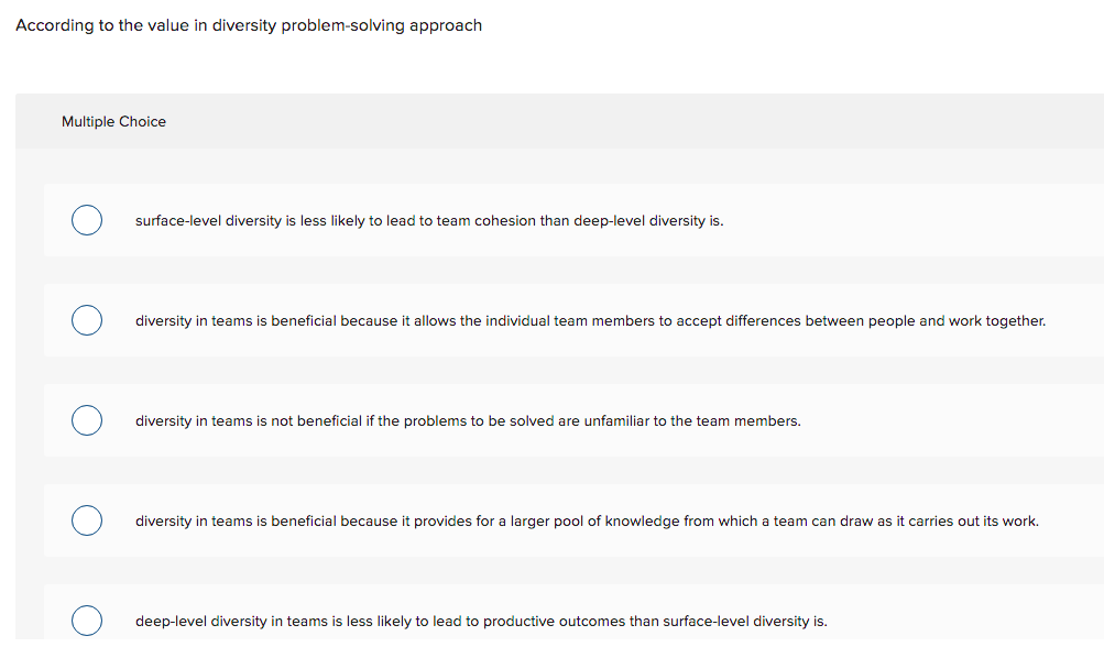 the value in diversity problem solving approach suggests that multiple choice question