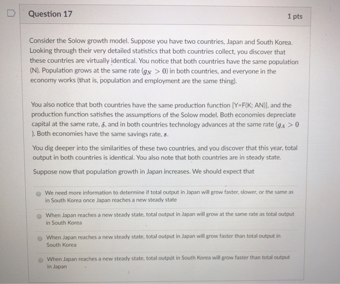Solved DQuestion 17 1 pts Consider the Solow growth model. | Chegg.com