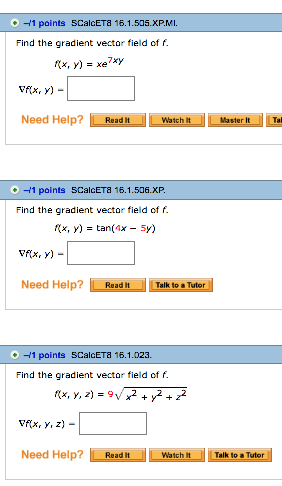 Solved -1 points SCalcET8 16.1.505.XP.MI Find the gradient | Chegg.com