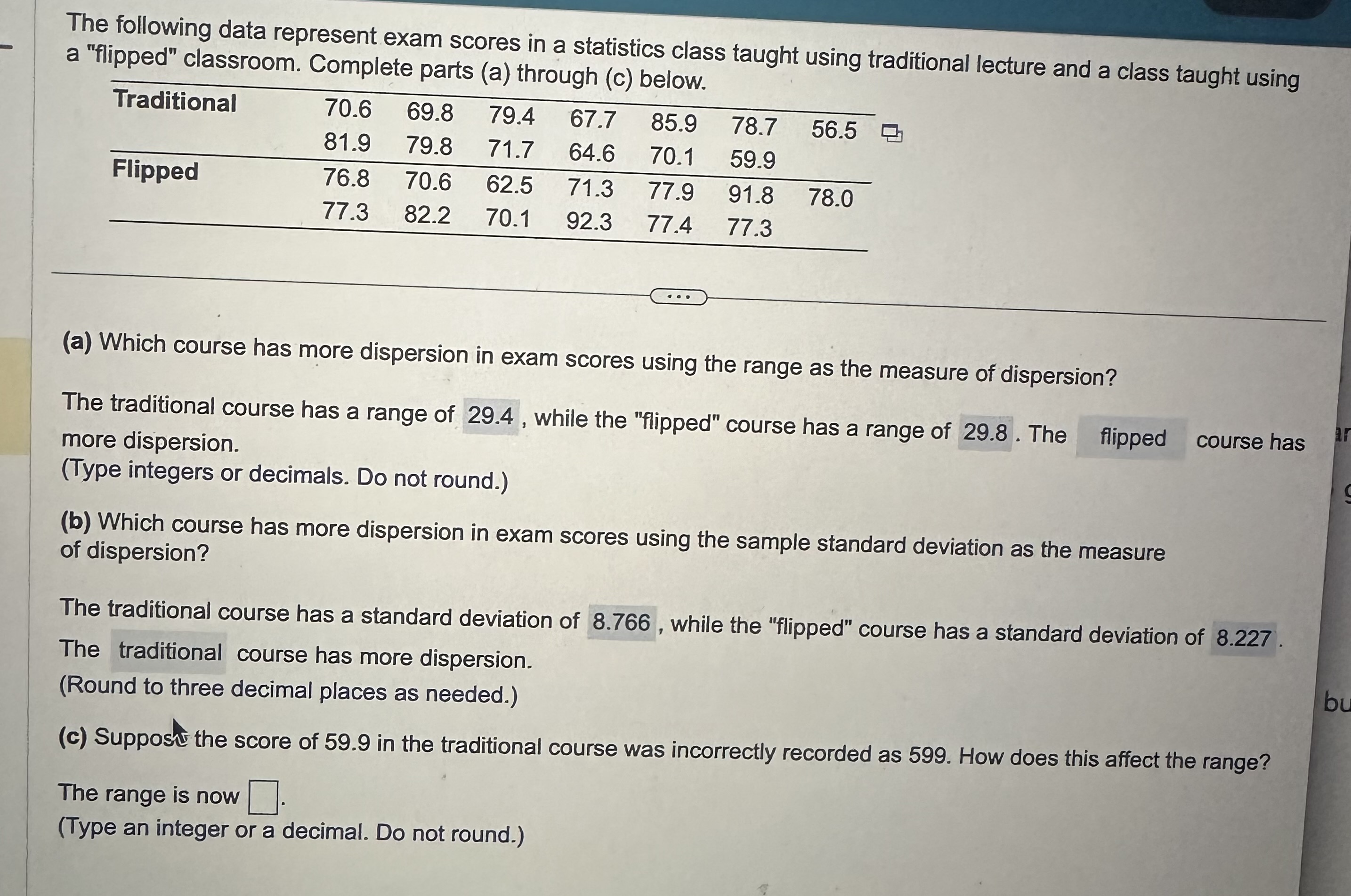 Solved The following data represent exam scores in a | Chegg.com