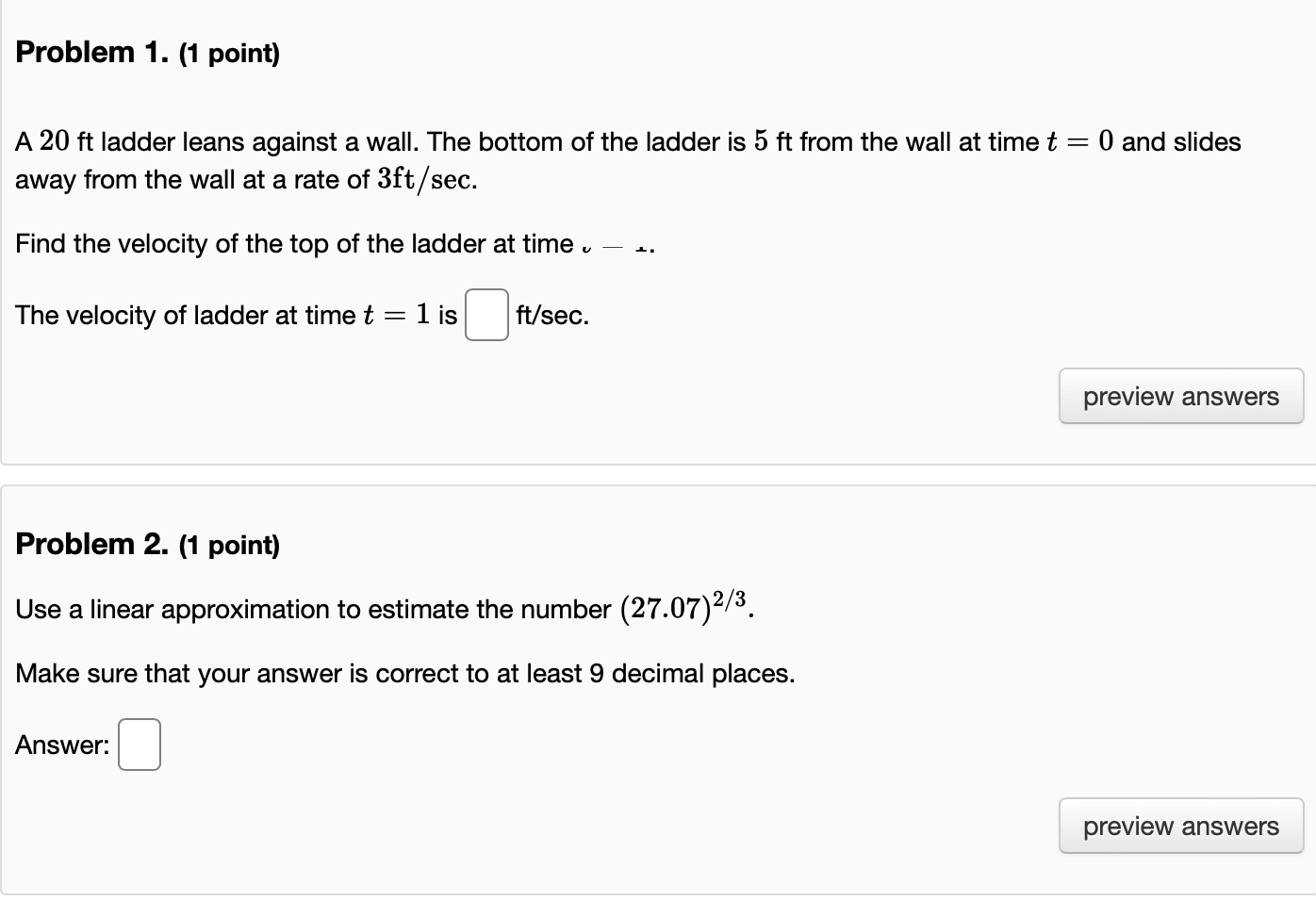 Solved Problem 1. (1 Point) A 20 Ft Ladder Leans Against A | Chegg.com