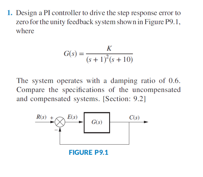 Solved 1. Design a PI controller to drive the step response | Chegg.com