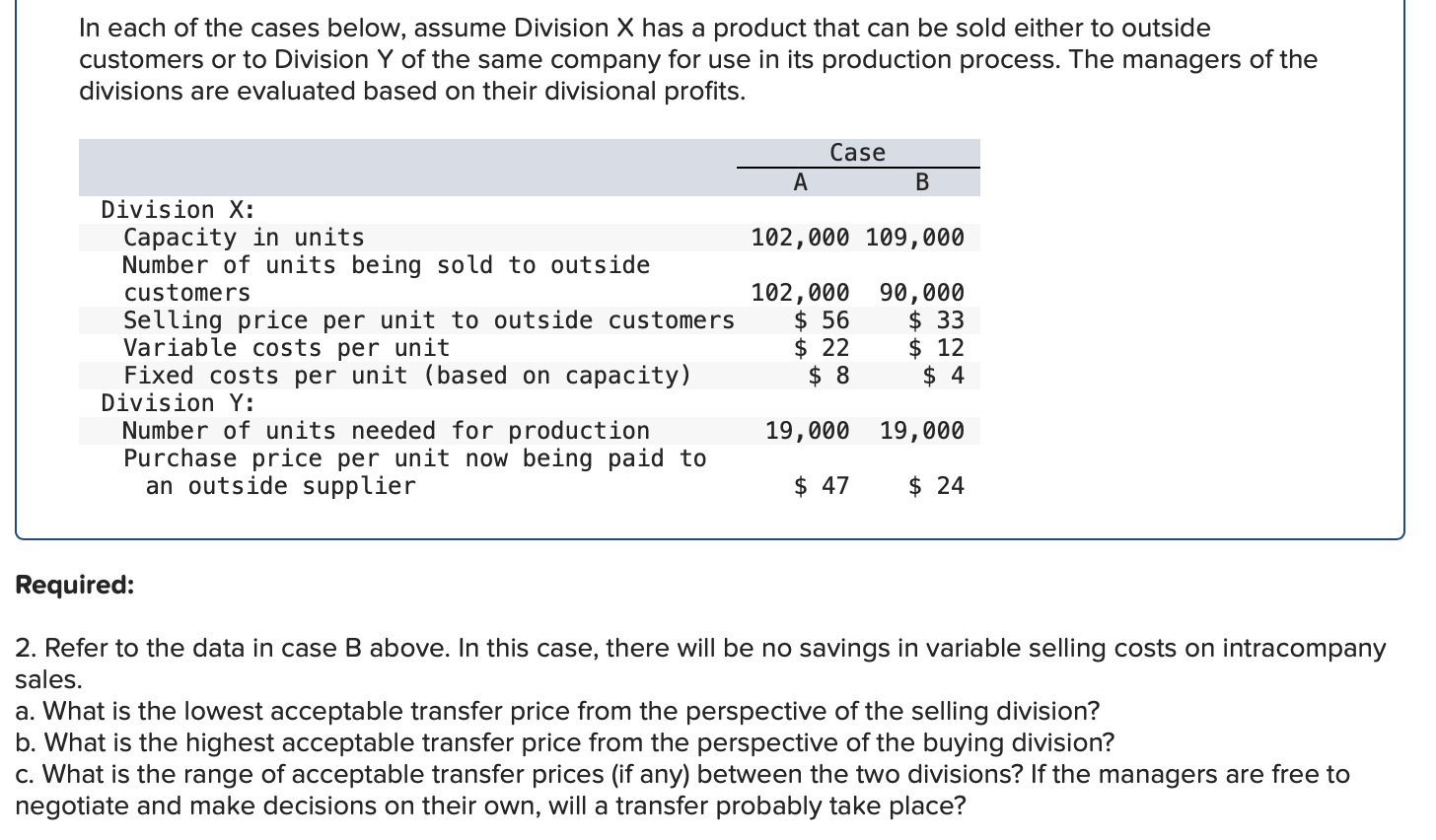 Solved In each of the cases below, assume Division X has a