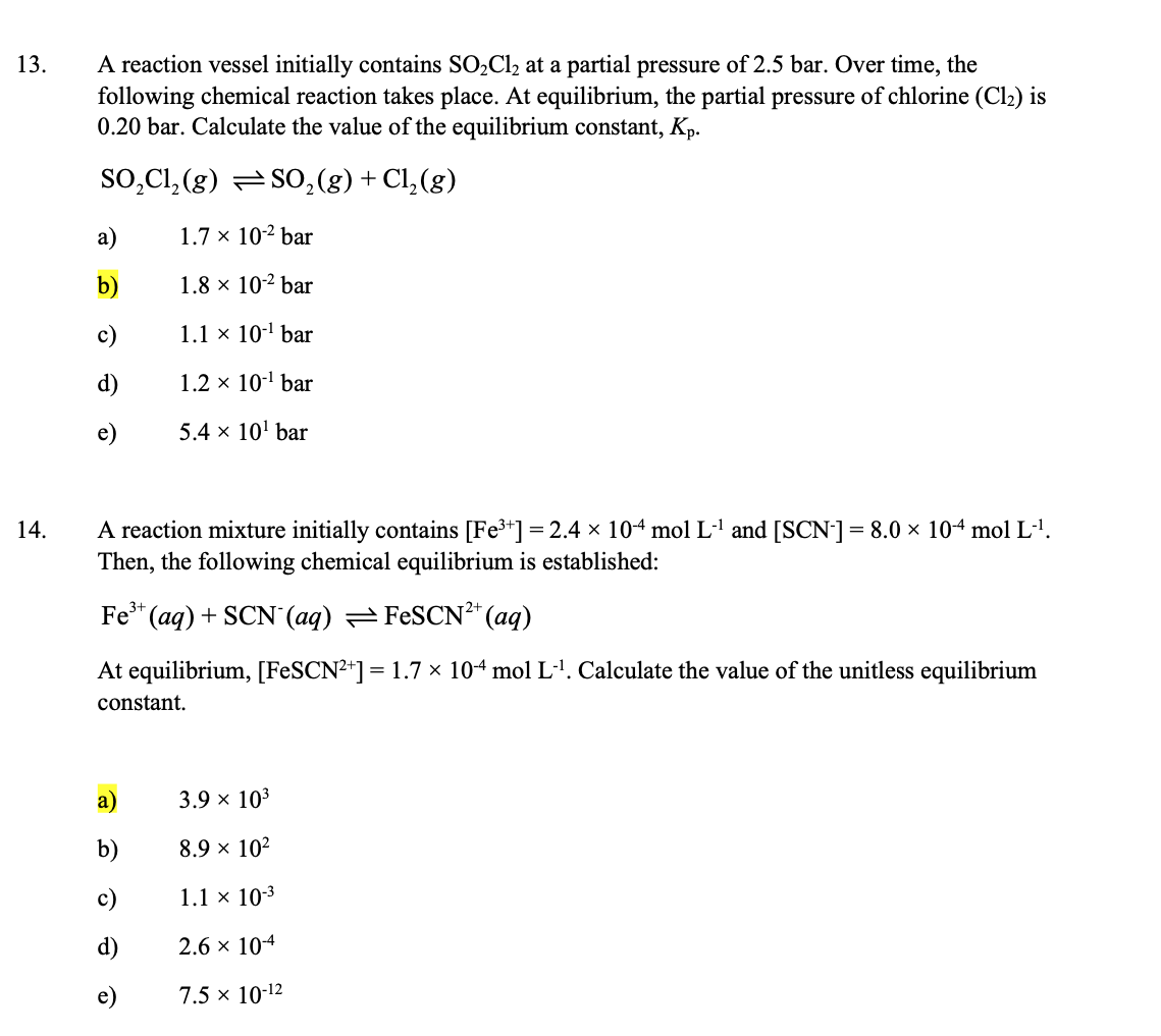 Solved A reaction vessel initially contains SO2Cl2 at a