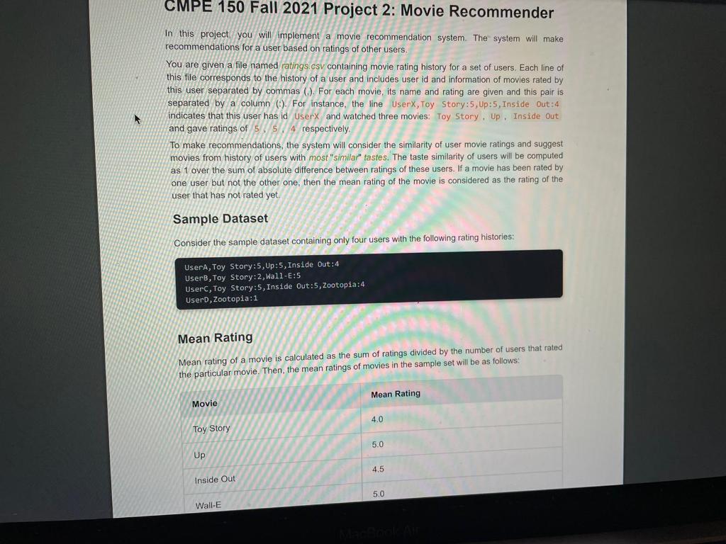Solved CMPE 150 Fall 2021 Project 2: Movie Recommender In | Chegg.com