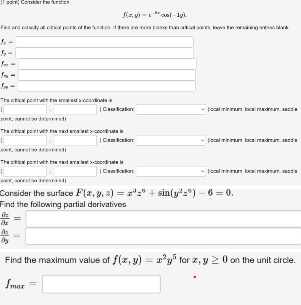 Solved (1 point) Consider the function f(x,y) = e-92 | Chegg.com