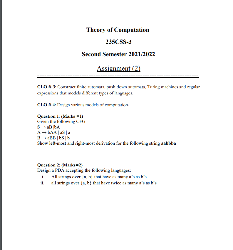 Solved Theory of Computation 235CSS-3 Second Semester | Chegg.com