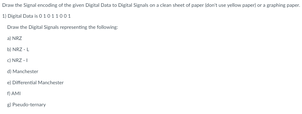 Solved Draw the Signal encoding of the given Digital Data to | Chegg.com