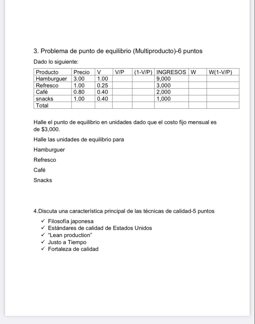 3. Problema de punto de equilibrio (Multiproducto)-6 puntos Dado lo siguiente: Halle el punto de equilibrio en unidades dado