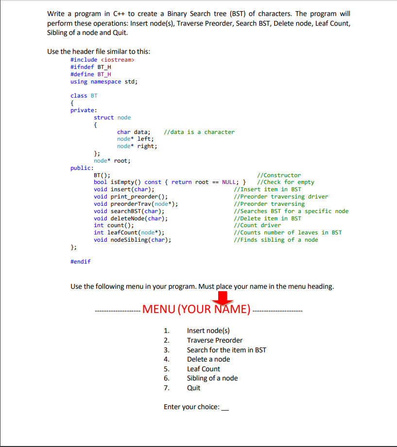 (Solved) : Write Program C Create Binary Search Tree Bst Characters ...