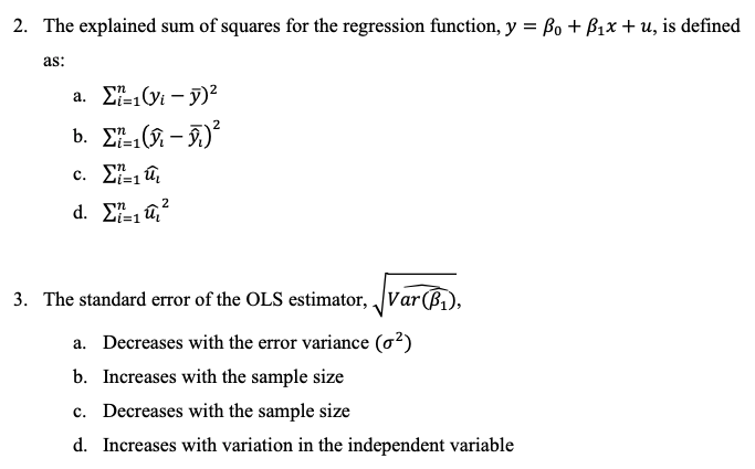 Solved 2 The Explained Sum Of Squares For The Regression