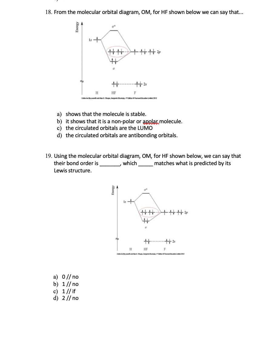 Solved 18. From the molecular orbital diagram, OM, for HF | Chegg.com