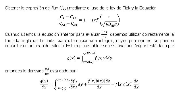 Obtener la expresión del flux \( \left(J_{A z}\right) \) mediante el uso de la ley de Fick y la Ecuación \[ \frac{C_{A}-C_{A