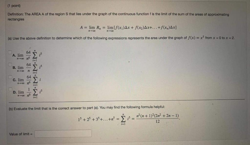 Solved (1 point) Definition: The area 𝐴A of the region 𝑆S | Chegg.com