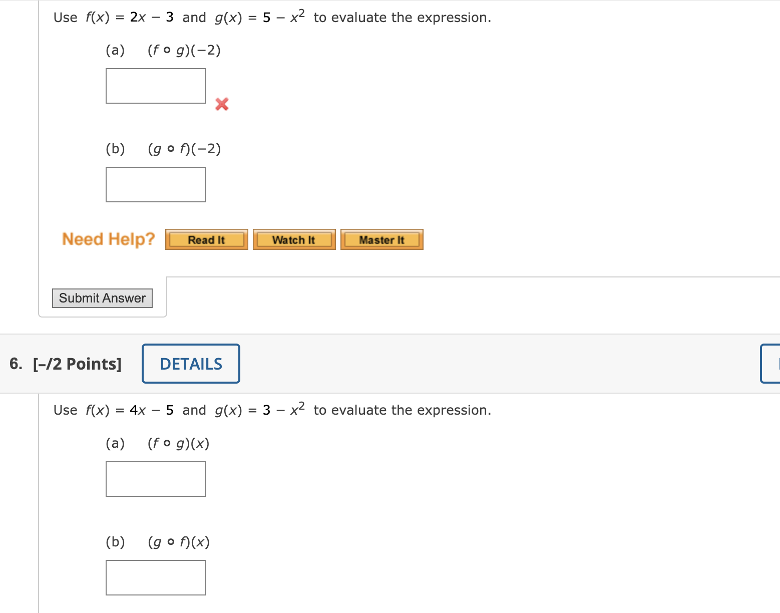 Solved Use f(x)=2x−3 and g(x)=5−x2 to evaluate the | Chegg.com