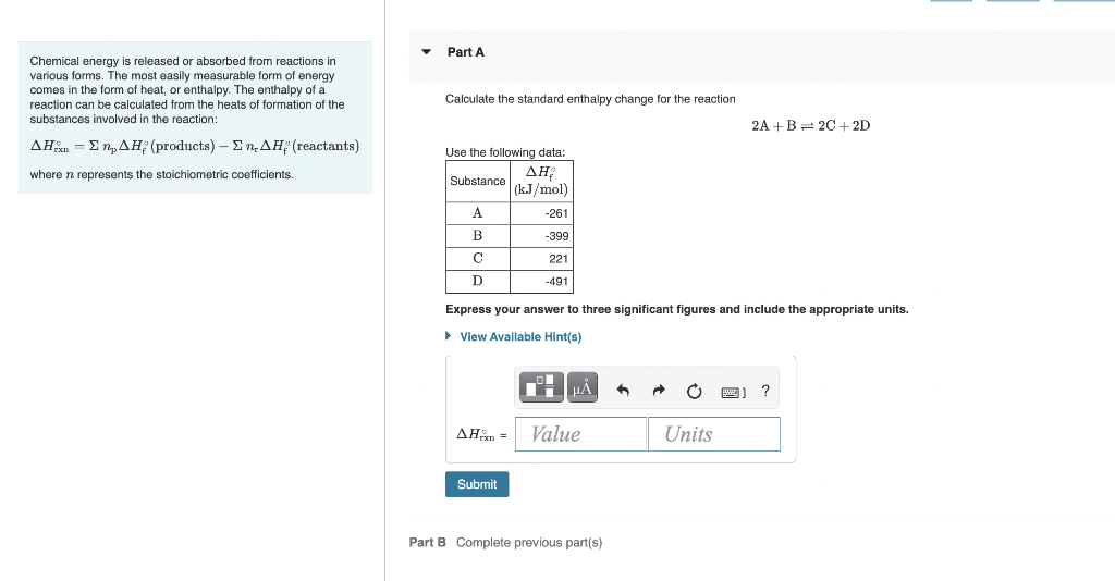 Solved Part A Calculate The Standard Enthalpy Change For The | Chegg.com