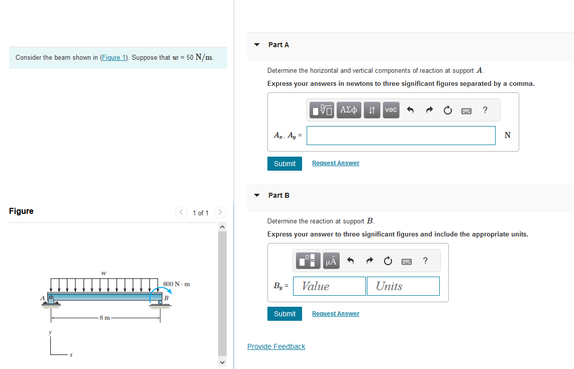 Solved Consider the beam shown in Suppose that w=50 N/m. | Chegg.com