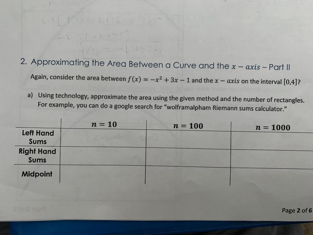 Solved 2. Approximating the Area Between a Curve and the x - | Chegg.com