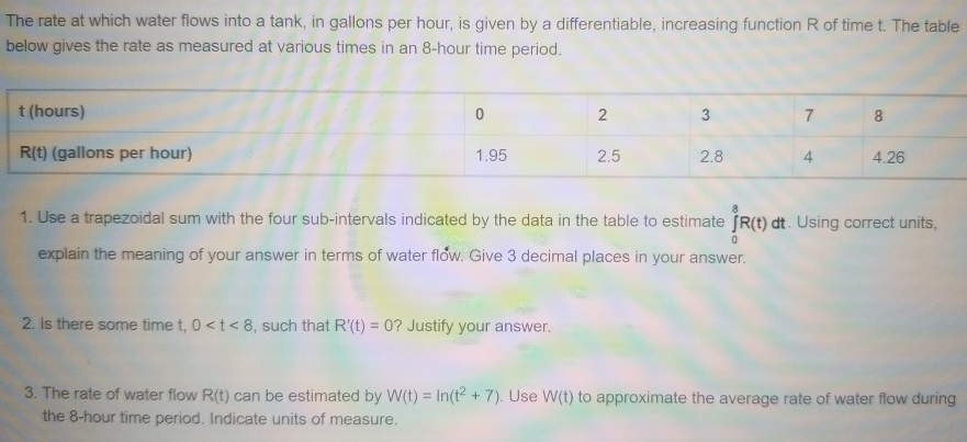 Solved The rate at which water flows into a tank, in gallons | Chegg.com