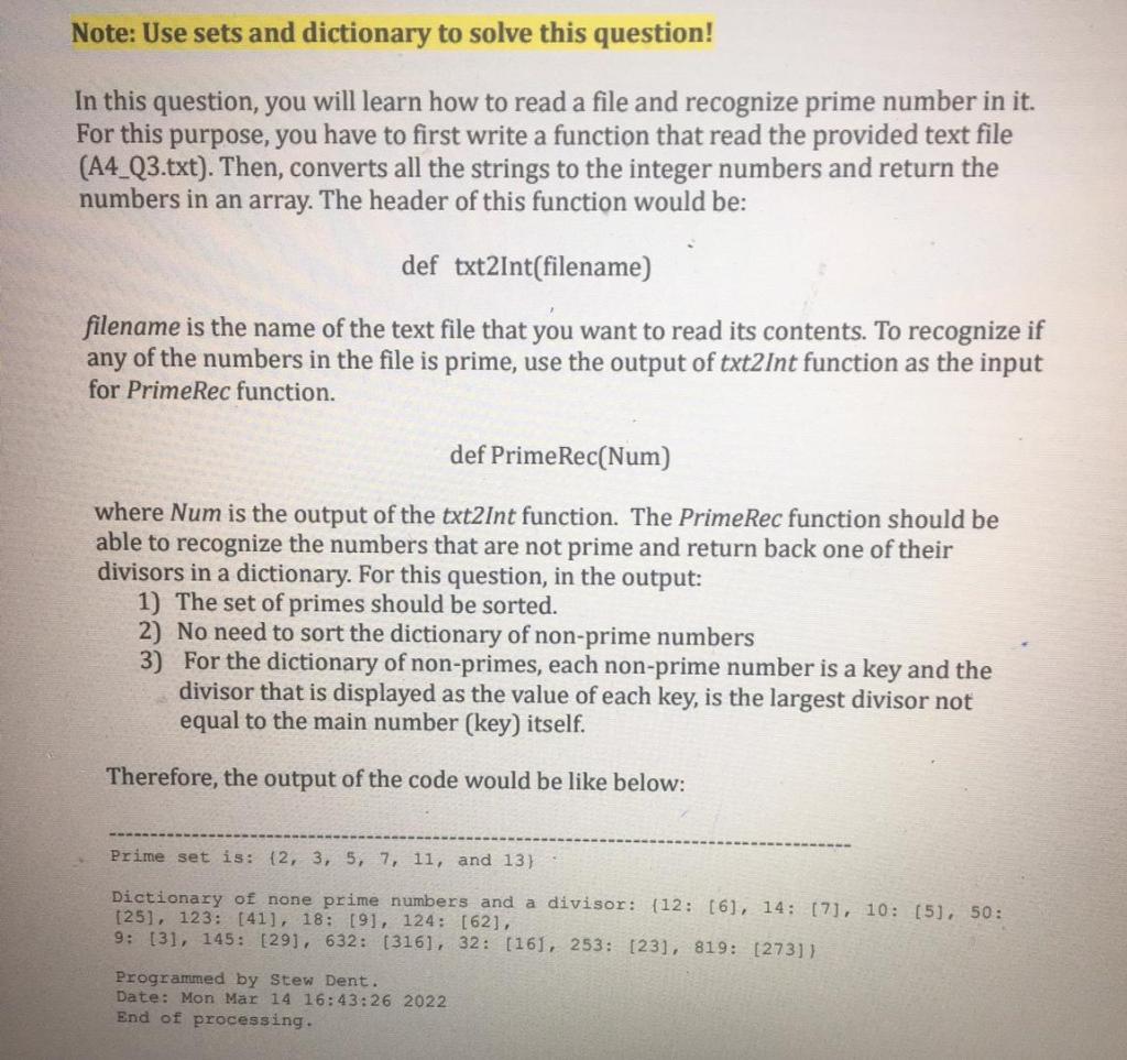 Solved Note: Use sets and dictionary to solve this question! | Chegg.com