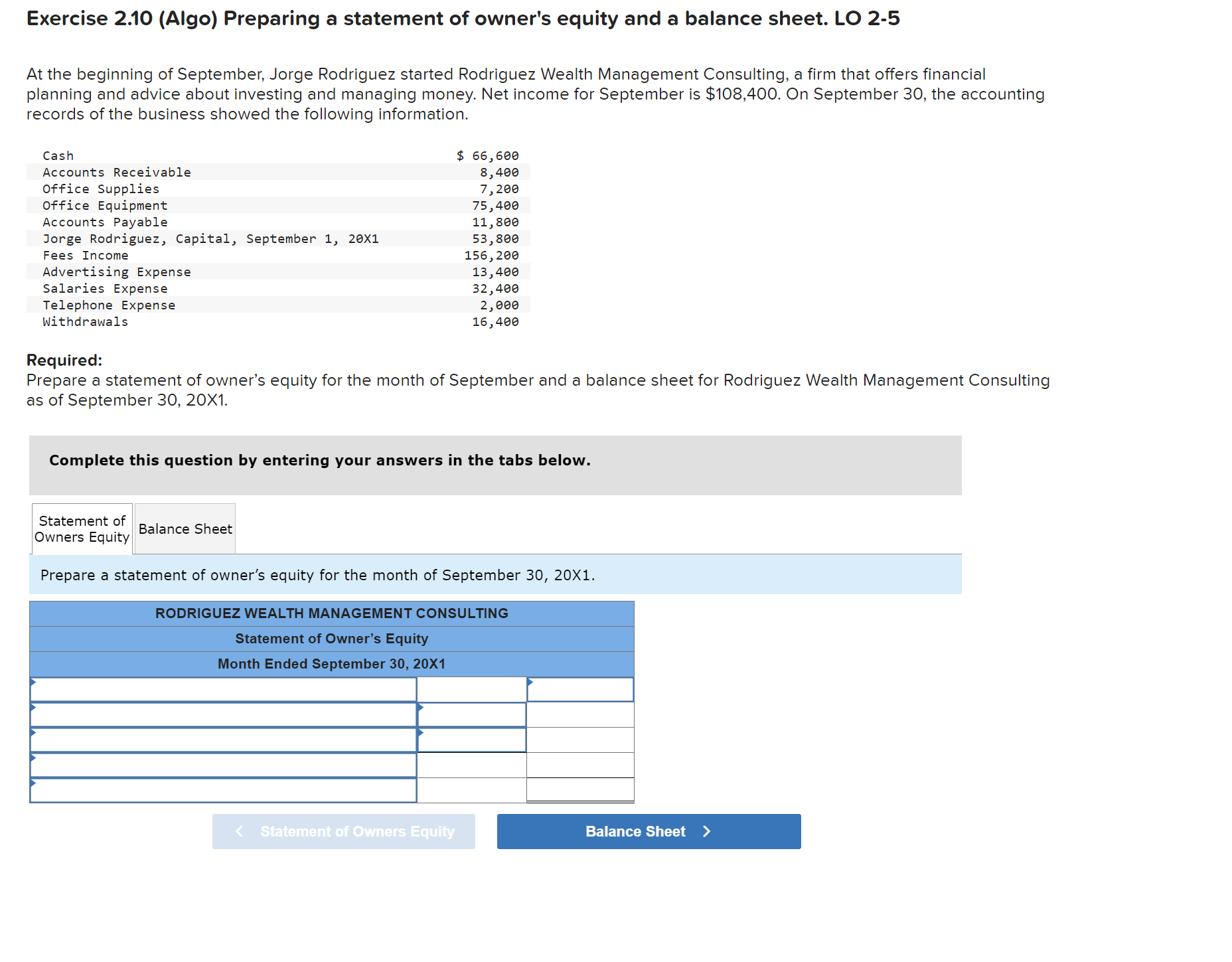 Solved Exercise 2.10 (Algo) Preparing a statement of owner's