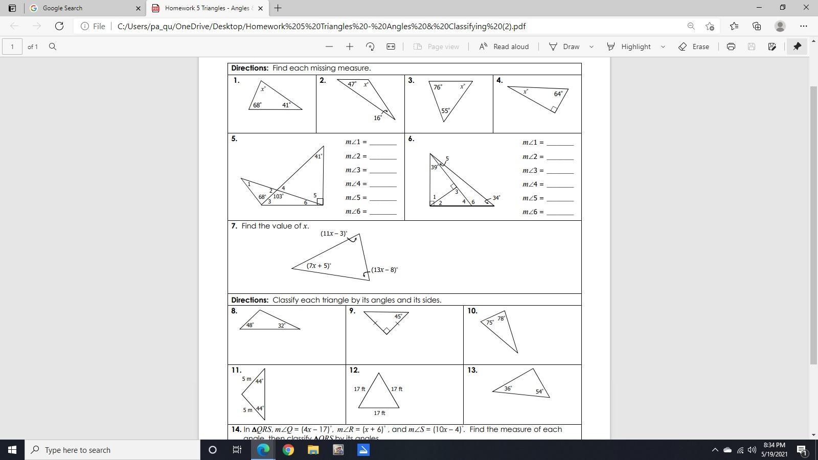 Solved G Google Search Х Homework 5 Triangles - Angles X + - | Chegg.com