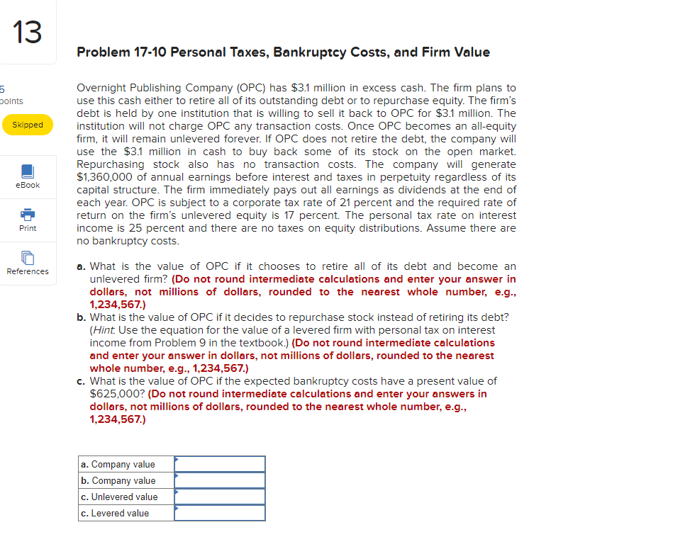 Solved Problem 1710 Personal Taxes, Bankruptcy Costs, and