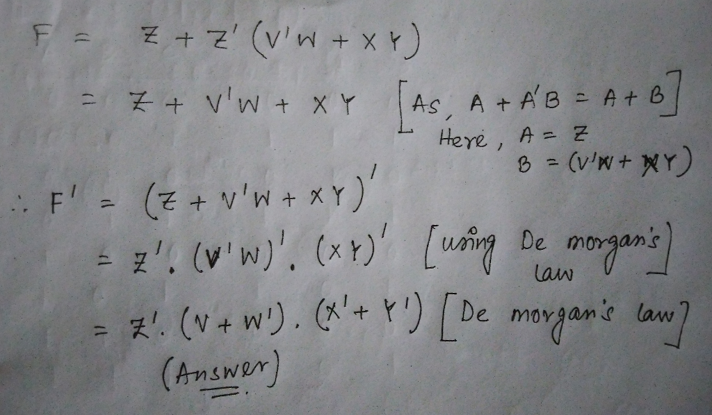 Solved 7 10pts Find Complement Following Boolean Function F Z Z V W Xy Q