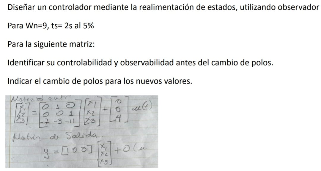 Diseñar un controlador mediante la realimentación de estados, utilizando observador Para \( W n=9, t s=2 s \) al \( 5 \% \) P