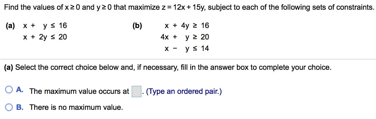 Solved Find the values of x 20 and y20 that maximize z = 12x | Chegg.com
