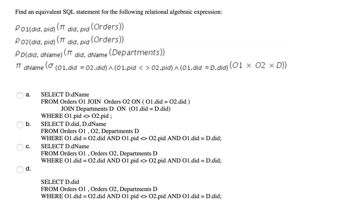 Solved Find an equivalent SQL statement for the following | Chegg.com