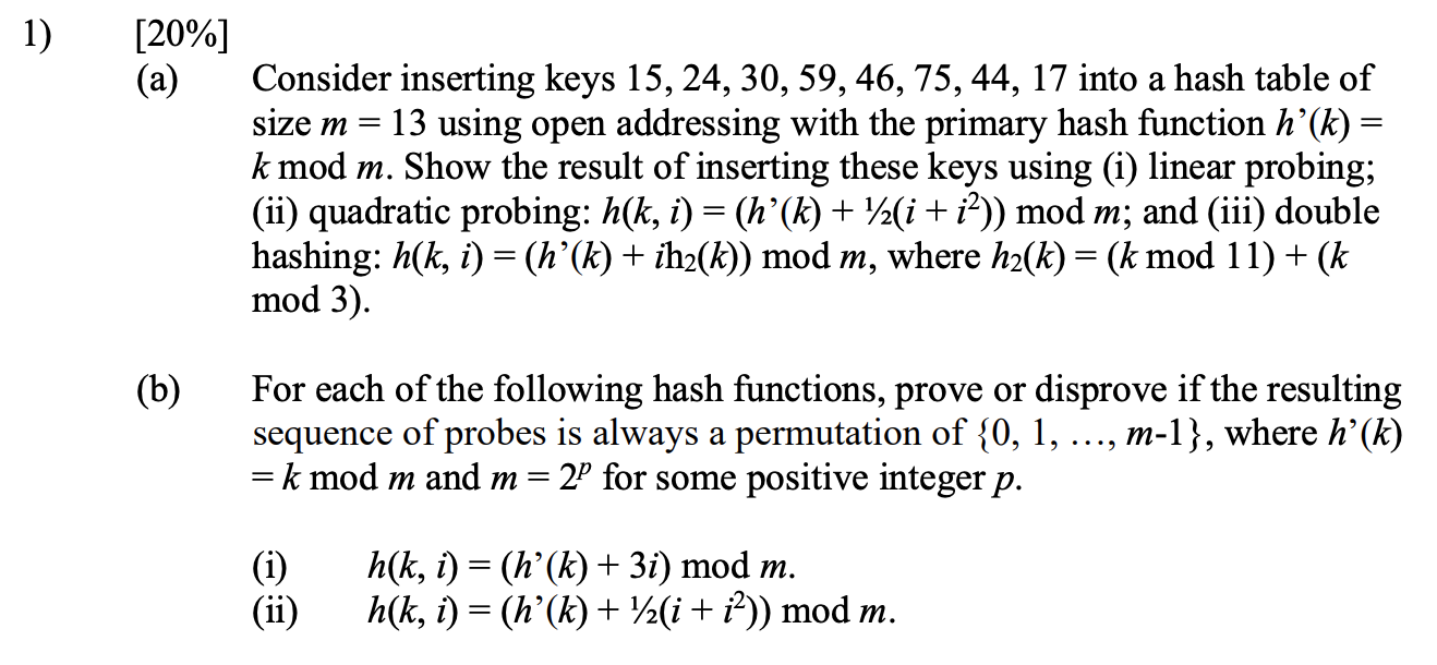 Solved 1) [20%] (a) = Consider inserting keys 15, 24, 30, | Chegg.com