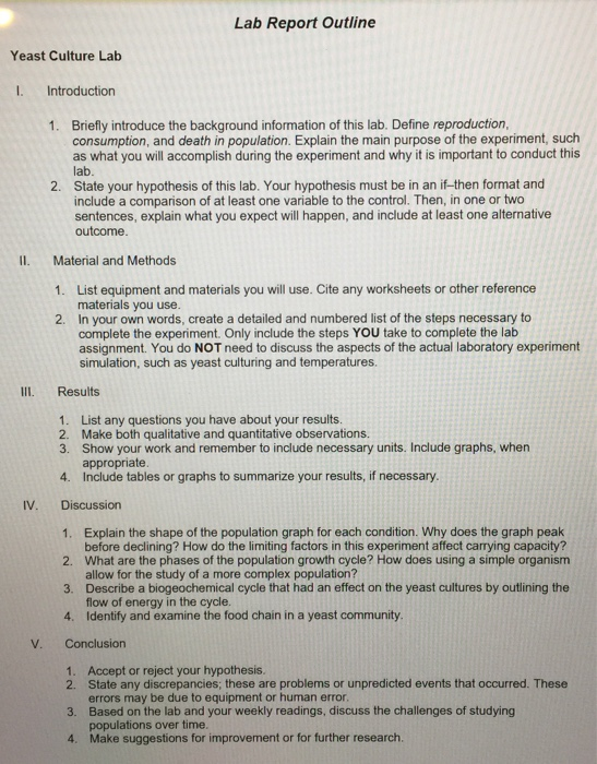 Lab Report Outline Yeast Culture Lab I. Introduction