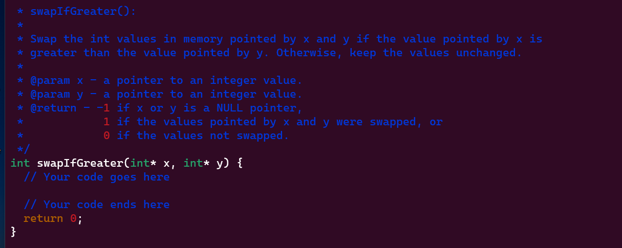 Solved * swapIfGreater(): * Swap the int values in memory | Chegg.com