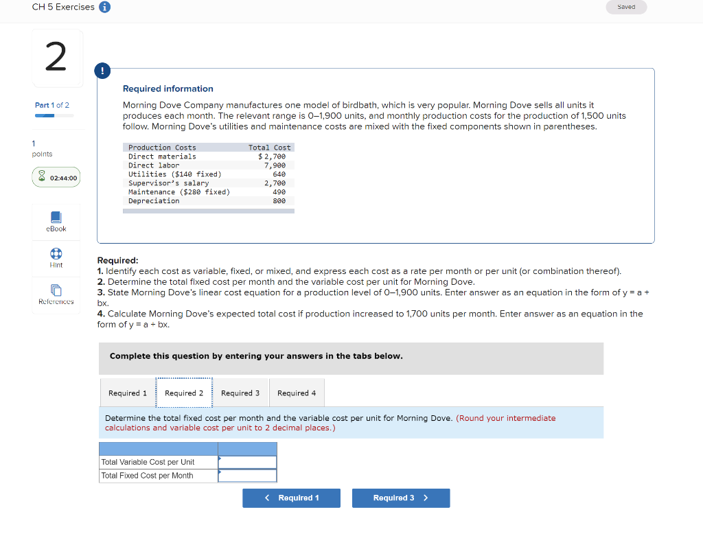 Solved CH 5 Exercises Saved 2 ! Part 1 of 2 1 points | Chegg.com