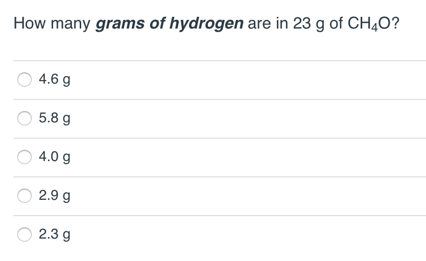 23 Grams Example Solved How many grams of hydrogen are in 23 g of CH40? 0 4.6 | Chegg.com