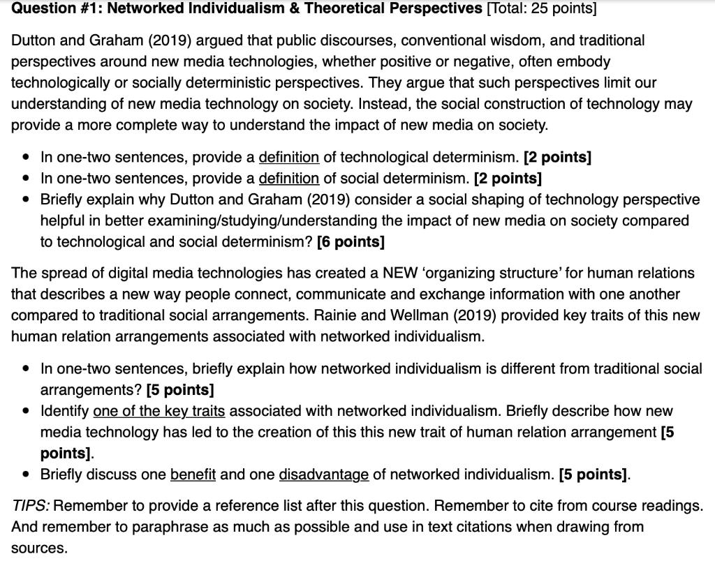 Question \#1: Networked Individualism \& Theoretical | Chegg.com