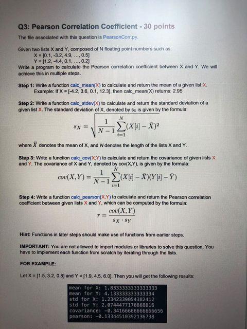 Solved Q3: Pearson Correlation coefficient - 30 points The | Chegg.com