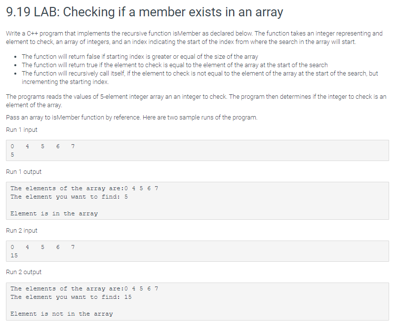 Solved 9.19 LAB: Checking if a member exists in an array | Chegg.com