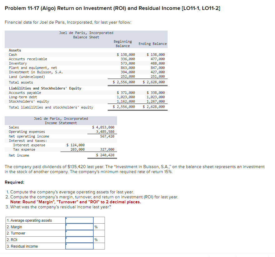 Problem 11-17 (Algo) Return on Investment (ROI) and | Chegg.com