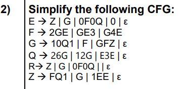 Solved 2) Simplify the following CFG: E → ZGOFOQ | 0 € F→ | Chegg.com