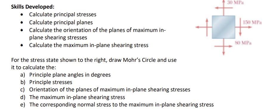 Skills Developed:
- Calculate principal stresses
- Calculate principal planes
- Calculate the orientation of the planes of ma