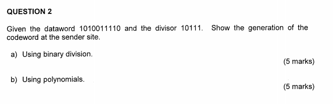 Solved Question 2 Given The Dataword 1010011110 And The