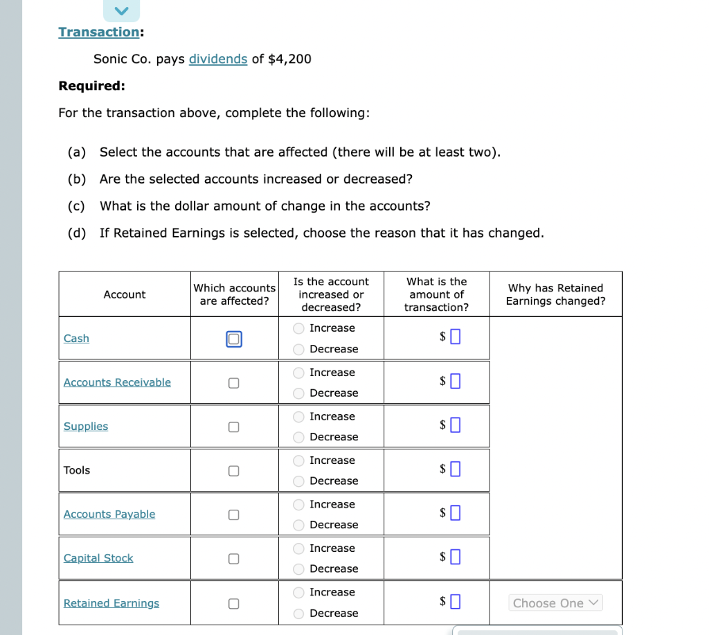 Solved Transaction: Sonic Co. pays dividends of $4,200
