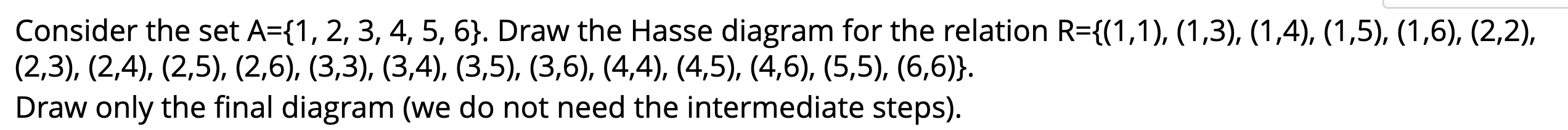 Solved Consider the set A={1, 2, 3, 4, 5, 6}. Draw the Hasse | Chegg.com