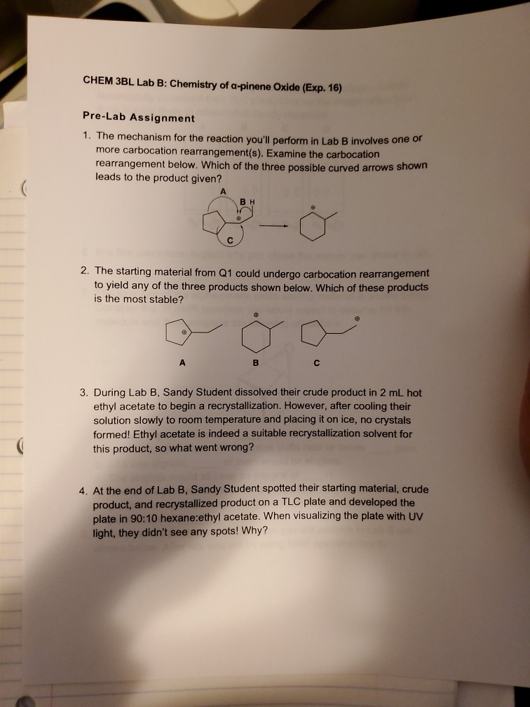 Solved CHEM 3BL Lab B: Chemistry Of A-pinene Oxide (Exp. 16) | Chegg.com